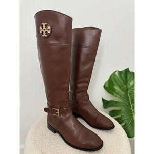 Tory Burch Adeline Brown Leather Tall Riding Boots Size 7.5 M Side Zip Classic